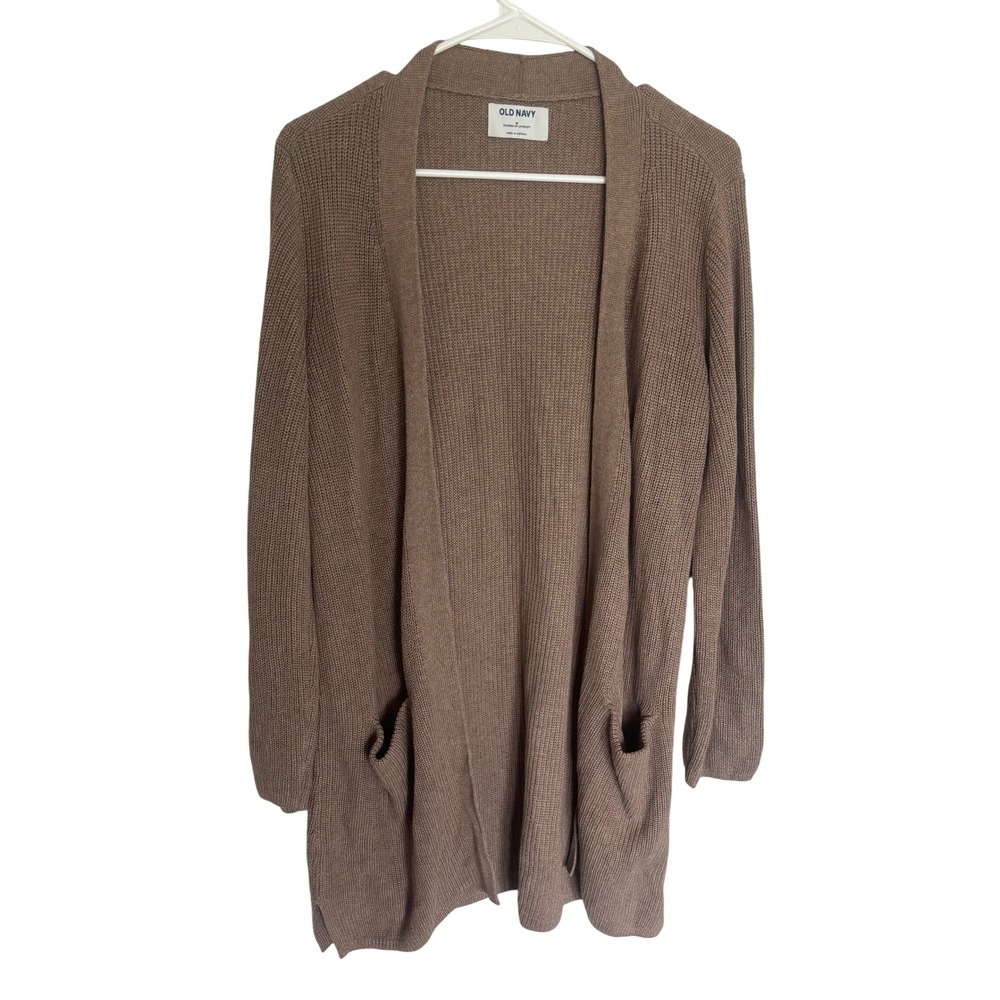 Old Navy Womens Ribbed Open Front Cardigan Tan Brown Longline Pockets Medium